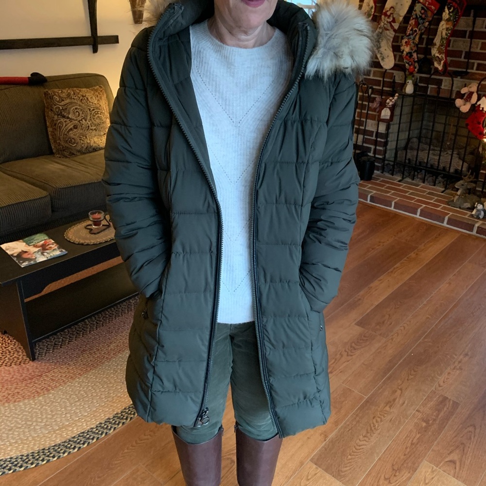 Military Green Winter Coat with Fur Trim